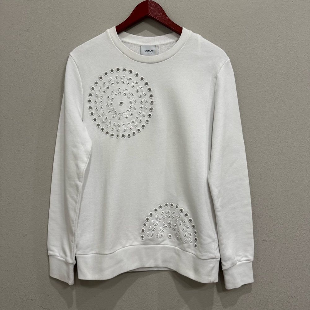 Dondup‎ Sweater Medium White Laser Cut Crewneck Pullover Sweatshirt Cotton